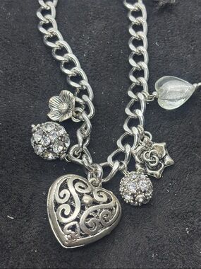 Macy's Silver-Tone Heart Charm Necklace with Crystal Ball Accents